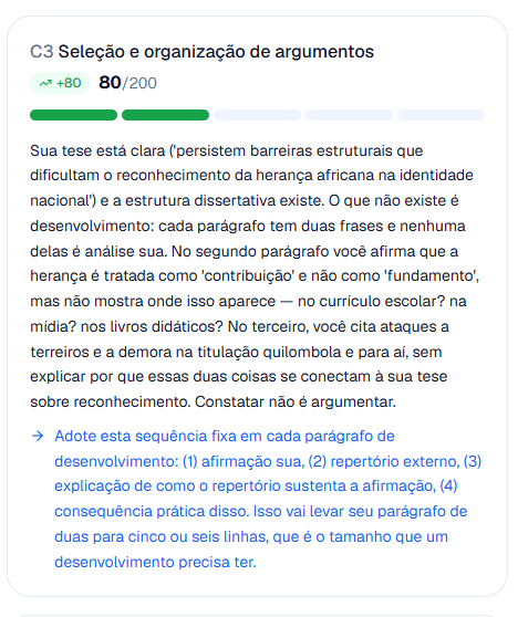 Competência 3 com nota 80 de 200, explicando que os parágrafos constatam o problema em vez de argumentar, seguida de uma sequência de quatro passos para corrigir.