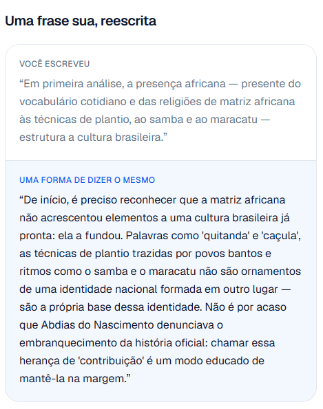 Comparação entre a frase escrita pelo aluno e uma versão reescrita mais forte do mesmo trecho.