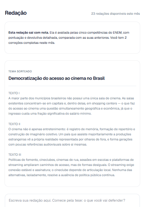Tema sorteado sobre democratização do acesso ao cinema no Brasil, com três textos de apoio e o campo para escrever a redação.